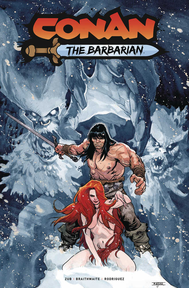 Comic book cover featuring Conan the Barbarian with a red-haired woman in a snowy environment, surrounded by monsters.