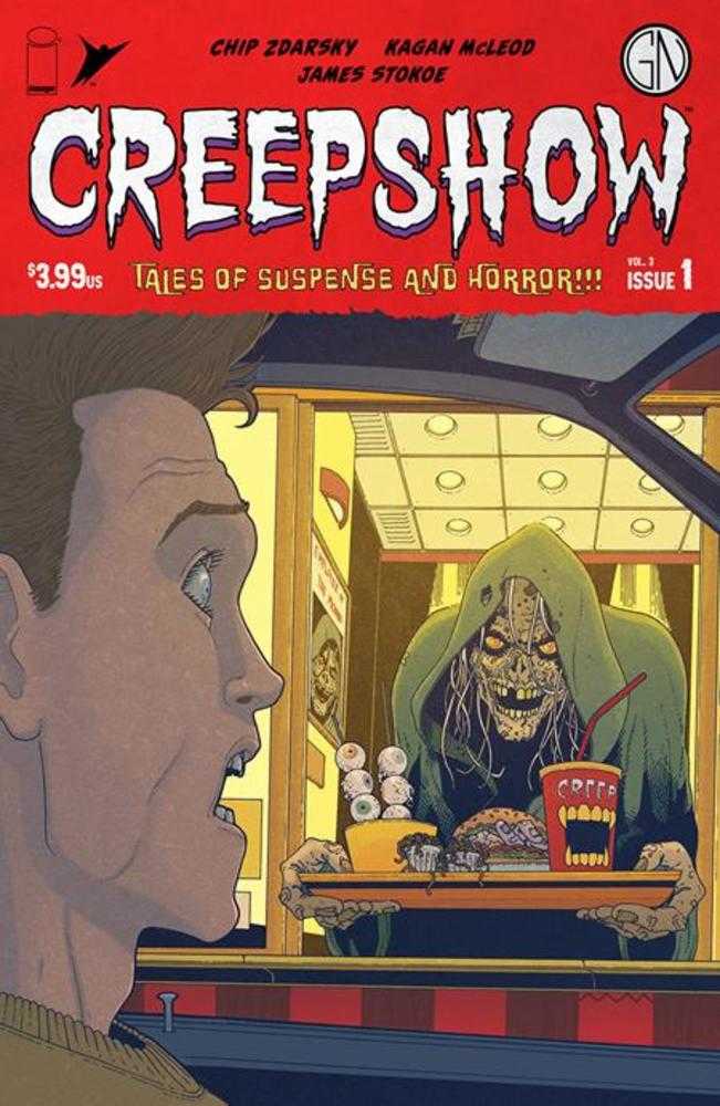 Comic book cover featuring a man ordering food at a drive-thru window with a ghoulish server.