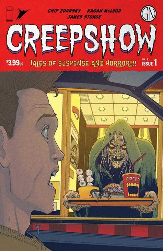 Comic book cover featuring a man ordering food at a drive-thru window with a ghoulish server.