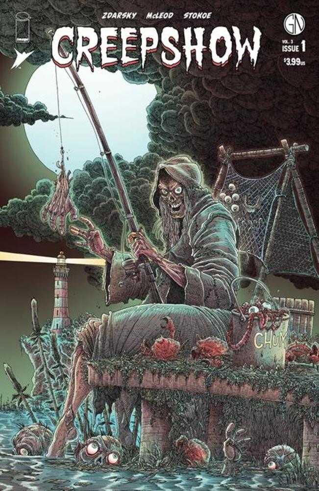 Creepshow comic book cover with a skeletal fisherman on a dock, fishing with a hand as bait, set against a dark, spooky background.