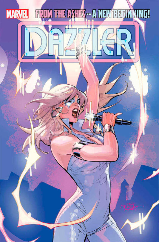 Comic book cover of Dazzler in a blue jumpsuit singing into a microphone.