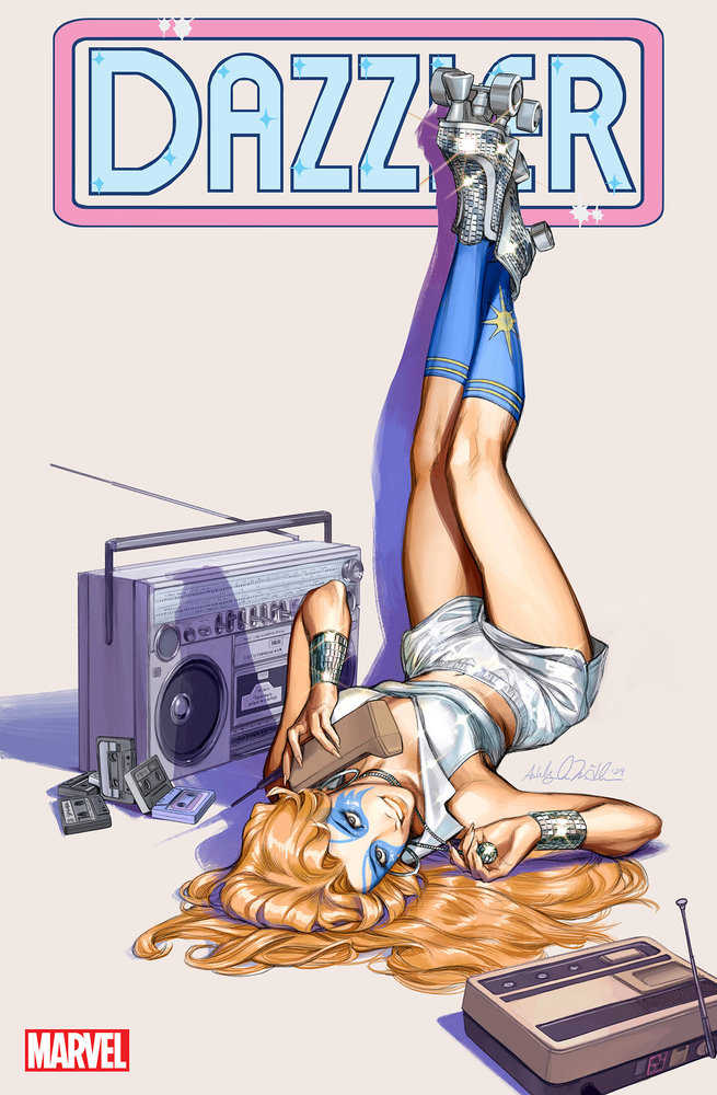 Illustrated comic book cover of Dazzler wearing roller skates, blue leggings, and a white outfit, lying upside down on the floor with a boombox and cassette tapes nearby.