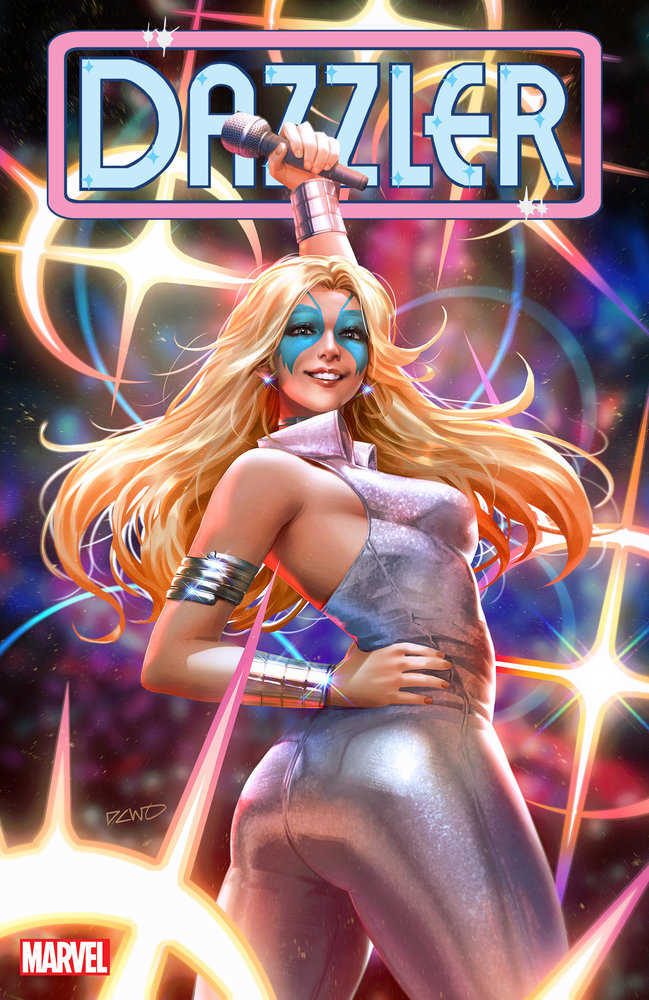 Comic book cover art featuring Dazzler in a silver jumpsuit.