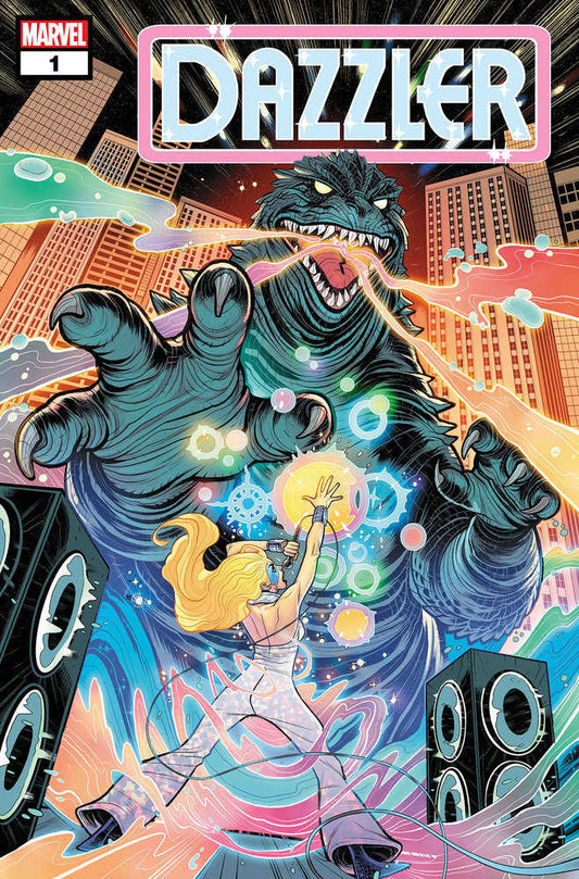 Comic book cover featuring Dazzler facing a giant monster, surrounded by sound equipment and energy effects.
