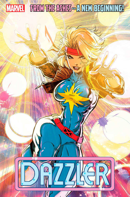 Comic book cover featuring Dazzler. Dazzler with blonde hair, red headband, wearing a blue and yellow superhero suit with red belt and brown jacket. "Dazzler" text at the bottom.
