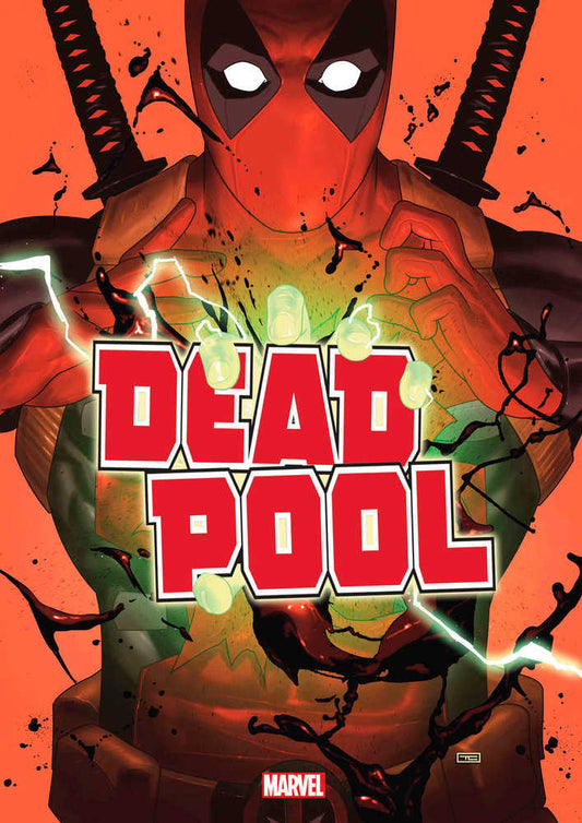 Comic book cover featuring the Marvel character Deadpool in a red and black costume, holding glowing capsules in his hands.