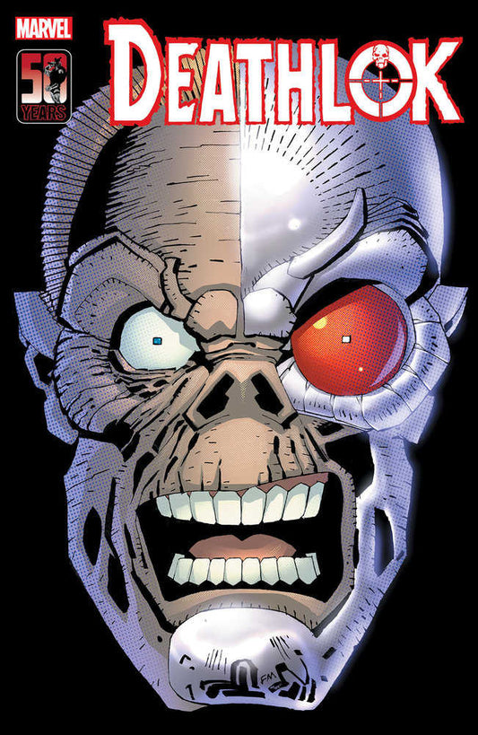 Comic book cover featuring Deathlok with a split face design: one half human-like with a blue eye and the other half robotic with a red eye.