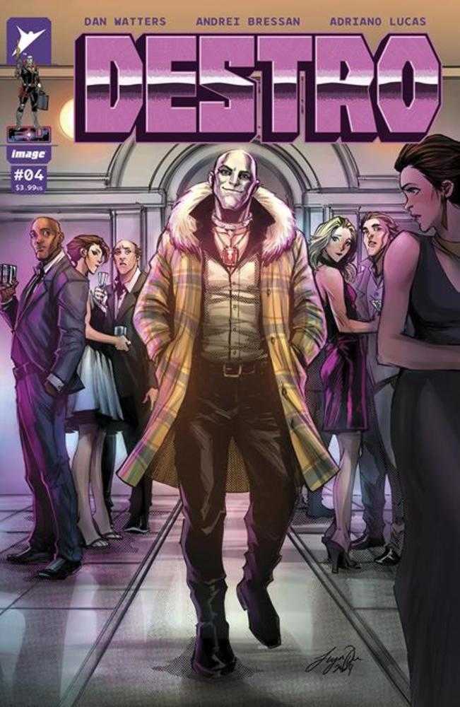 Comic book cover featuring a bald man in a fur-lined plaid coat, standing confidently amidst partygoers.