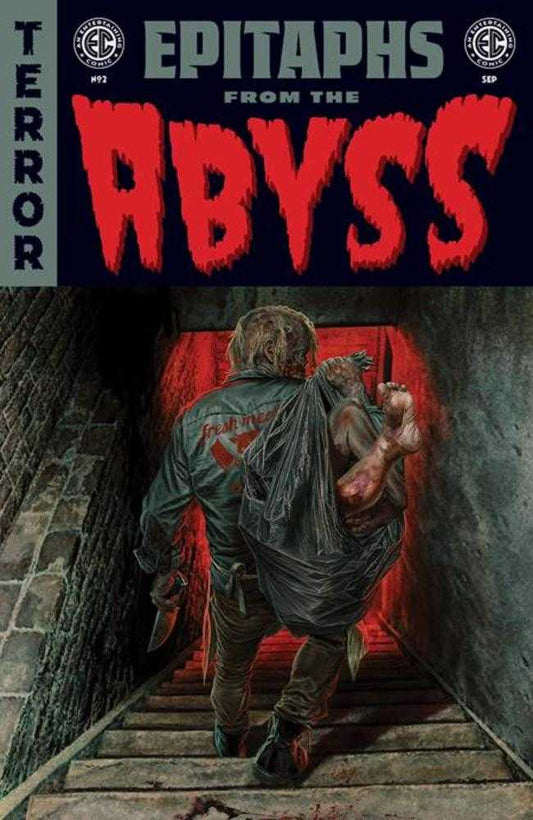 Comic book cover: "Epitaphs from the Abyss." A man with a leather jacket bearing "fresh meat" carries a body down stairs, holding a knife.