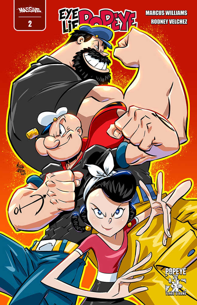 Comic book cover with Popeye, Olive Oyl, and Bluto, fists raised.