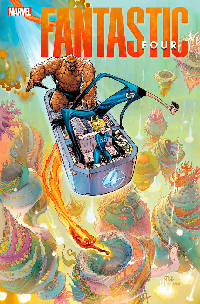 Comic book cover featuring the Fantastic Four in flight. The Thing sits in a vehicle with the Invisible Woman at the controls. Mr. Fantastic stretches his body, and the Human Torch flies nearby. The background has colorful, otherworldly structures.