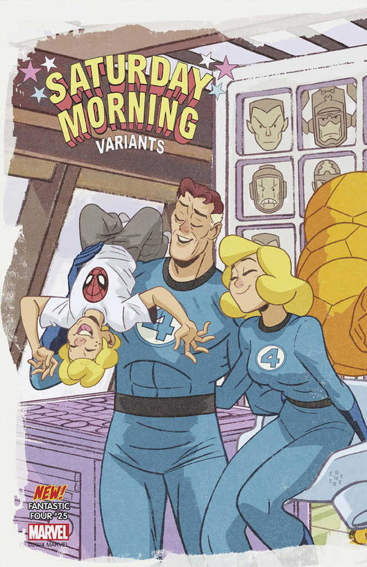 "Saturday Morning Variants" comic book cover featuring the Fantastic Four and Spider-Man in a cartoon style.