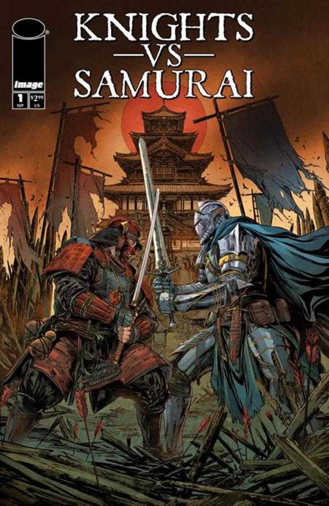 Comic book cover titled "Knights vs Samurai" featuring a knight and a samurai in battle. The samurai is dressed in red armor and the knight is dressed in blue armor. The setting is a war-torn landscape with a pagoda in the background.