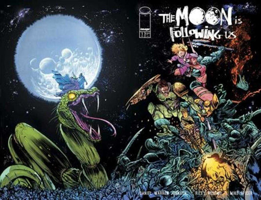 Comic book cover: "The Moon is Following Us."  Giant snake, moon in the background, characters battling.