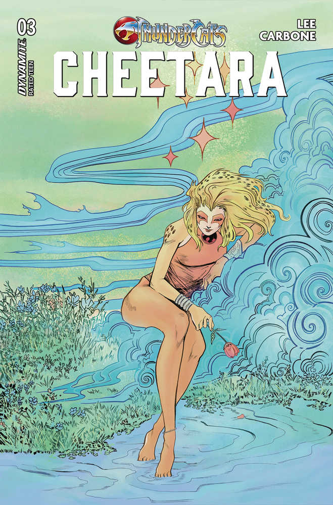 Comic book cover featuring Cheetahra. She's posing in a stream with a flower in hand. Illustration with blue water, green foliage, and stars. "Thundercats Cheetahra" title.