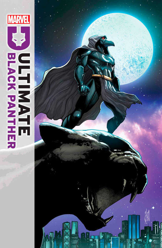 Comic book cover: The Ultimate Black Panther. A figure in a bird-like mask and dark, flowing cape stands atop a large black panther statue against a moonlit, cityscape backdrop.