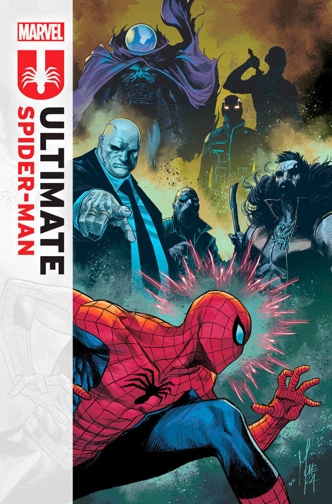Comic book cover: Spider-Man crouches in red and blue suit with villains looming.
