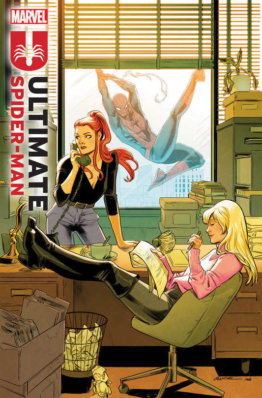 Comic book cover art: "Ultimate Spider-Man," featuring Mary Jane Watson on the phone, Gwen Stacy in chair with legs up, and Spider-Man clinging to a window.