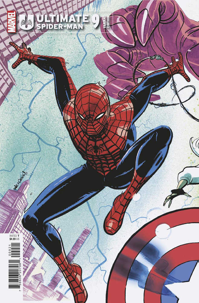 Comic book cover with Spider-Man in mid-air against a backdrop with other characters.
