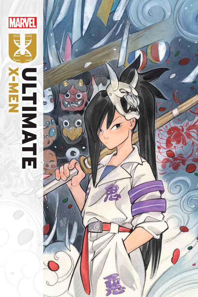Comic book cover featuring a character with a sword and demon mask. The character wears a white jacket with purple accents. Masks and floral designs adorn the background. "Ultimate X-Men" is visible on the left side.