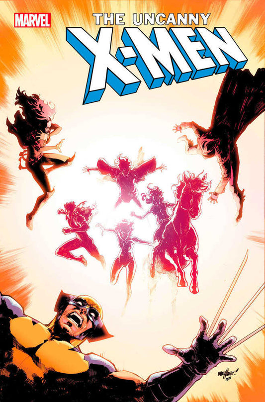 Comic book cover: "The Uncanny X-Men" title, X-Men characters with Wolverine in foreground, bright light background.