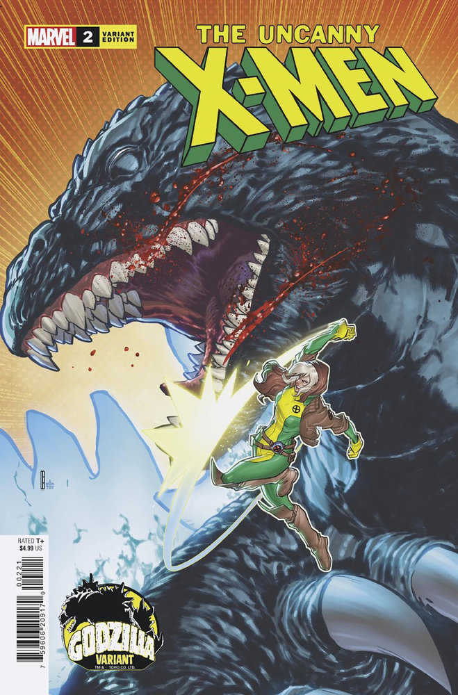 A comic book cover features Rogue from X-Men facing Godzilla, with vibrant green and yellow attire.