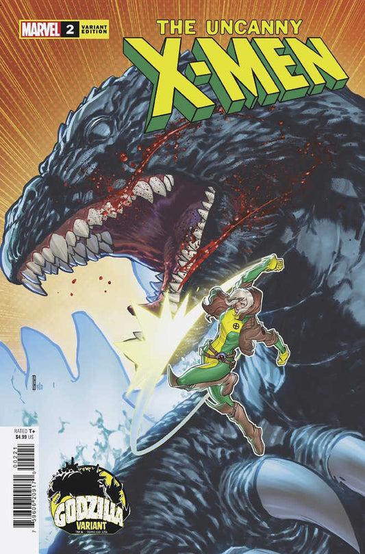 A comic book cover features Rogue from X-Men facing Godzilla, with vibrant green and yellow attire.