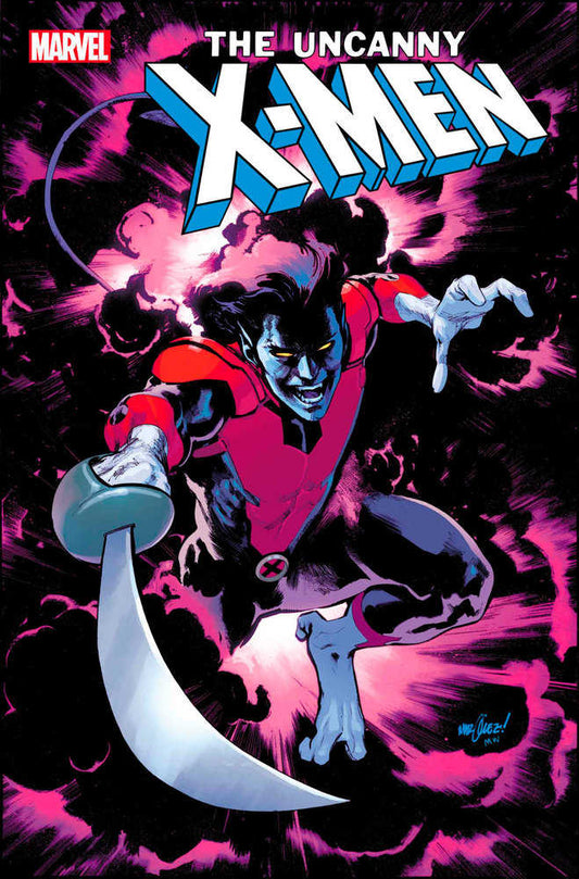 Comic book cover featuring Nightcrawler from The Uncanny X-Men, posed dynamically with a sword against a dark background with pink energy effects.