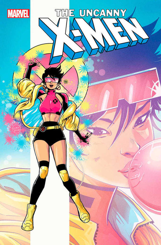 Comic book cover featuring Jubilee of the X-Men. Full-body shot of Jubilee in pink and black outfit with yellow jacket and boots; bubble gum portrait to the side. 
