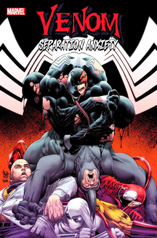 Comic book cover: Venom: Separation Anxiety, featuring Venom with red hair and tongue, perched on top of other characters.