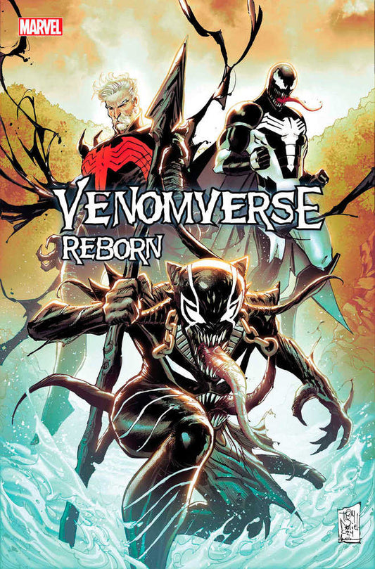 Comic book cover titled "Venomverse Reborn." Features Venom, Old Man Venom, and Venomized Black Cat, set against a bright background.