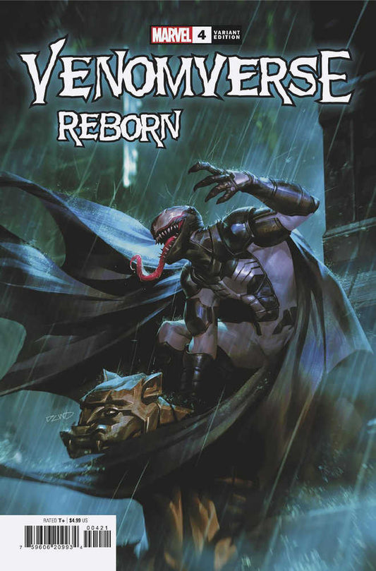 Comic book cover, Venomverse Reborn, featuring a Venomized Batman crouched on a gargoyle in the rain.