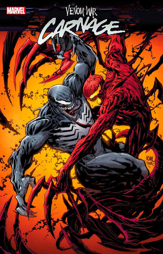 Comic book cover featuring Venom and Carnage in a dynamic fight scene. Venom, in gray and white, lunges forward with sharp claws. Carnage, in red and black, counters with similar claws. The background is a fiery orange. The title reads "Venom War Carnage."