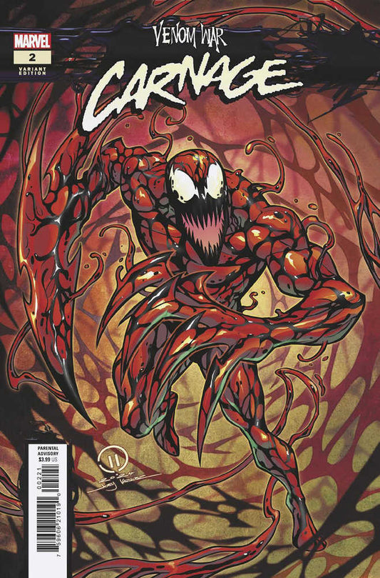 Comic book cover featuring a red, demonic-looking figure with sharp teeth and claws, posed in a dynamic, attacking stance. The title reads "Venom War Carnage" in bold white letters.