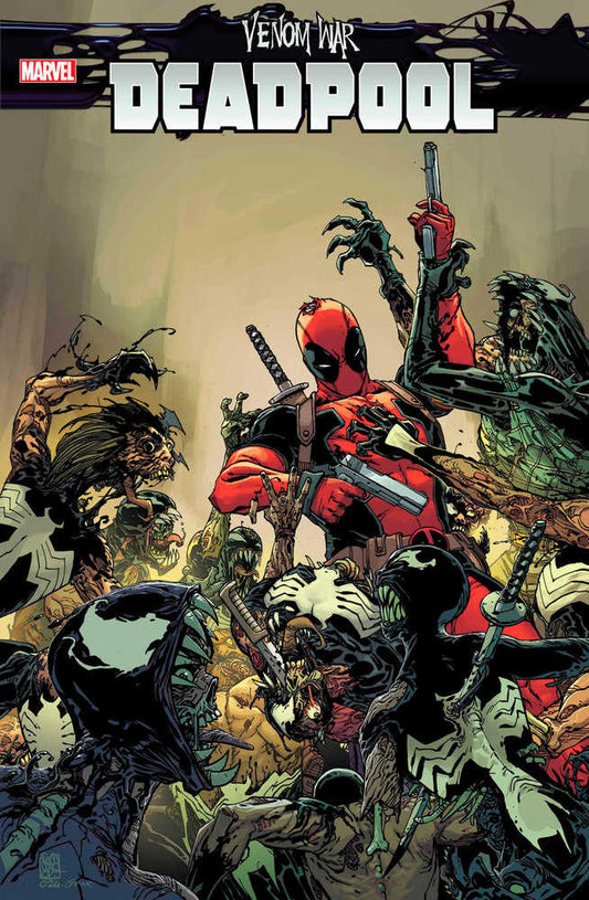 Comic book cover of Marvel's Deadpool: Venom War. Deadpool, in his red and black suit, is surrounded by grotesque Venomized zombies.