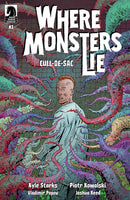Comic book cover for "Where Monsters Lie: Cull-de-Sac" featuring a terrified man surrounded by spiky, colorful tendrils.