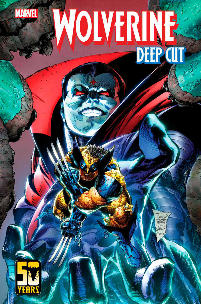 Comic book cover art featuring Wolverine and Mister Sinister. Wolverine with yellow and blue costume, metal claws extended. Mister Sinister with pale skin, red eyes, and cape. "Wolverine Deep Cut" title. "Marvel" logo. "50 Years" badge.