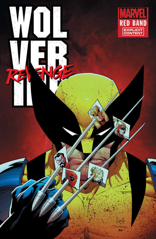 Comic book cover: "Wolverine Revenge," featuring Wolverine with claws adorned with images of characters, against a red background.
