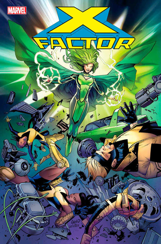 Comic book cover: X-Factor, Polaris floating above knocked-out teammates in a green and yellow costume.