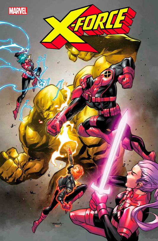 Comic book cover featuring X-Force characters in red, black, yellow, and white costumes against a gray background.