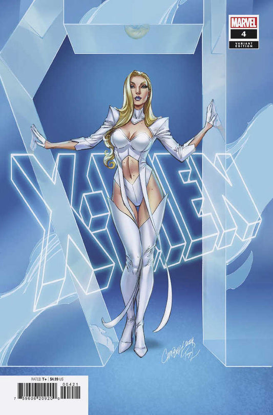 Comic book cover featuring Emma Frost in a white outfit, posing in front of the "X-Men" logo.