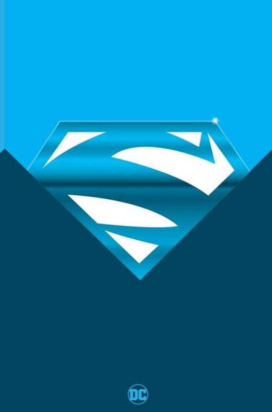Blue background with a silver Superman shield and a white "S" logo.