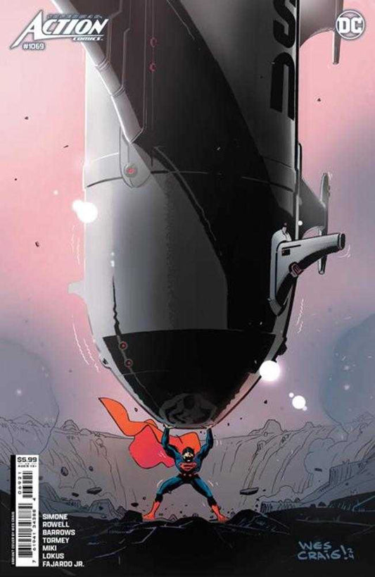 Comic book cover with Superman holding up a spaceship.