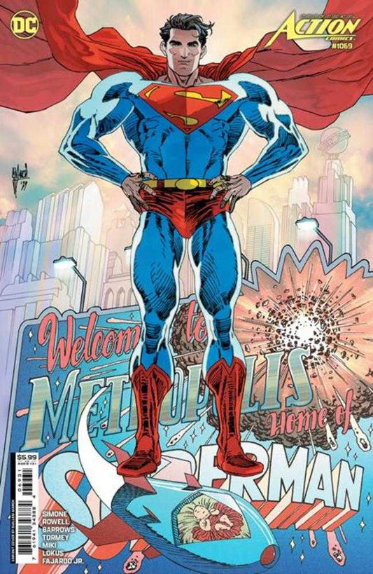 Superman comic book cover with character standing over Metropolis welcome sign.
