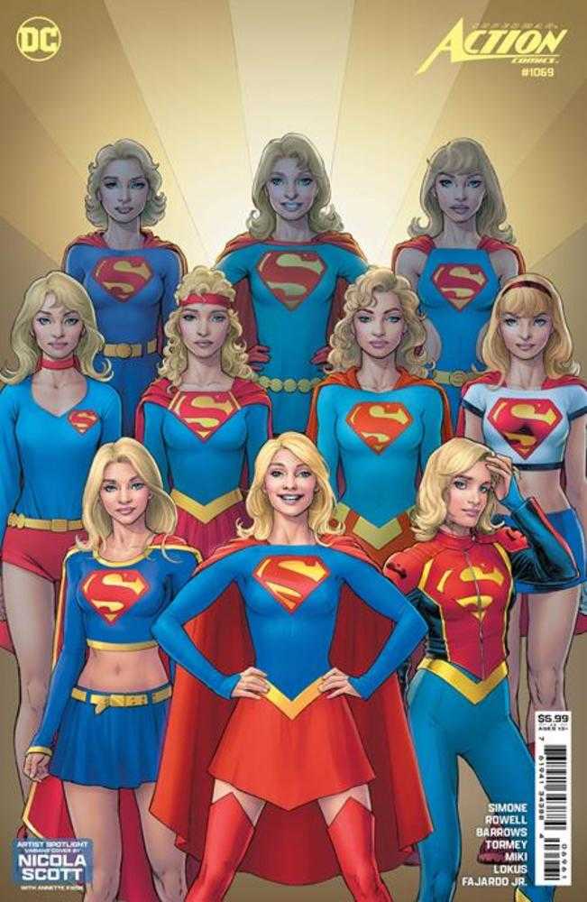 Comic book cover featuring multiple versions of Supergirl in various costumes.