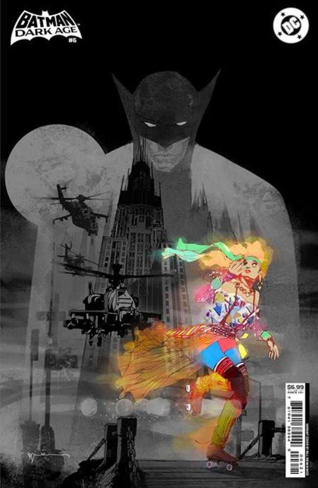 Comic book cover featuring a silhouette of Batman towering over a city with helicopters. Harley Quinn on roller skates runs in the foreground, with colorful clothing and motion blur.