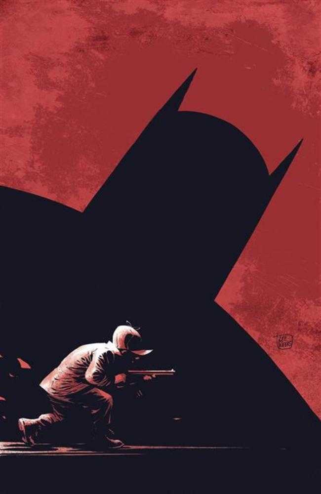 Comic book cover art featuring a silhouetted Batman emblem against a textured red background, with a man in a cap holding a rifle in the foreground.
