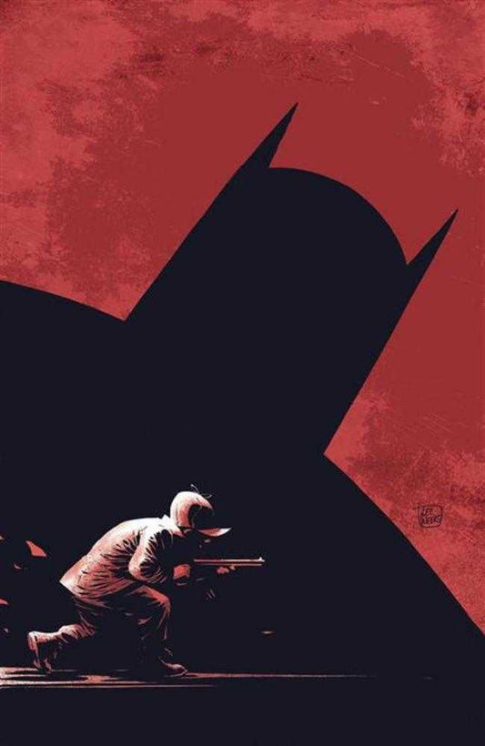 Comic book cover art featuring a silhouetted Batman emblem against a textured red background, with a man in a cap holding a rifle in the foreground.