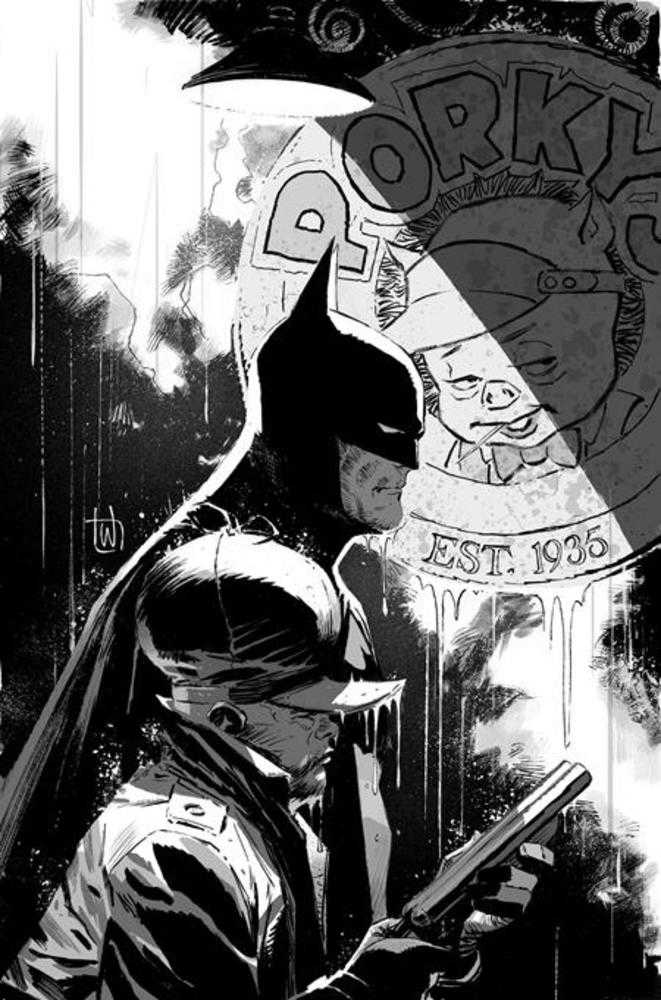 Black and white comic book art of Batman, a detective with a fedora, and a Porky's sign.