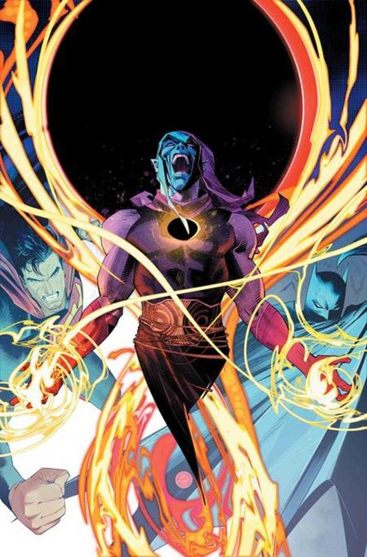 Comic book image of Superman, Batman, and a purple character with a black hole on his chest surrounded by orange energy.